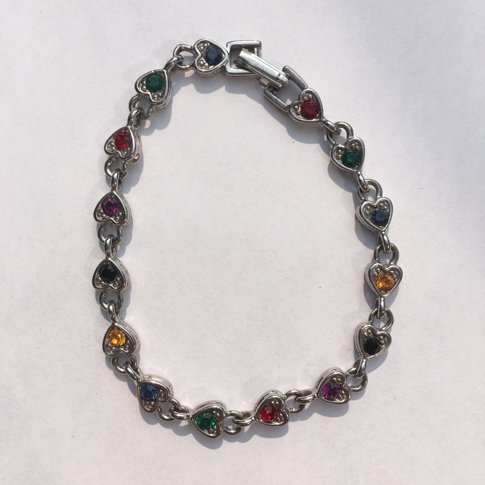 Silver heart bracelet with multi colored jewels